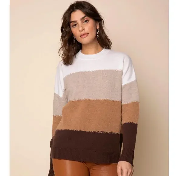 27 MILES MALIBU Alondra Cashmere Block Stripe Pullover Sweater In Brown {ZZ53}
